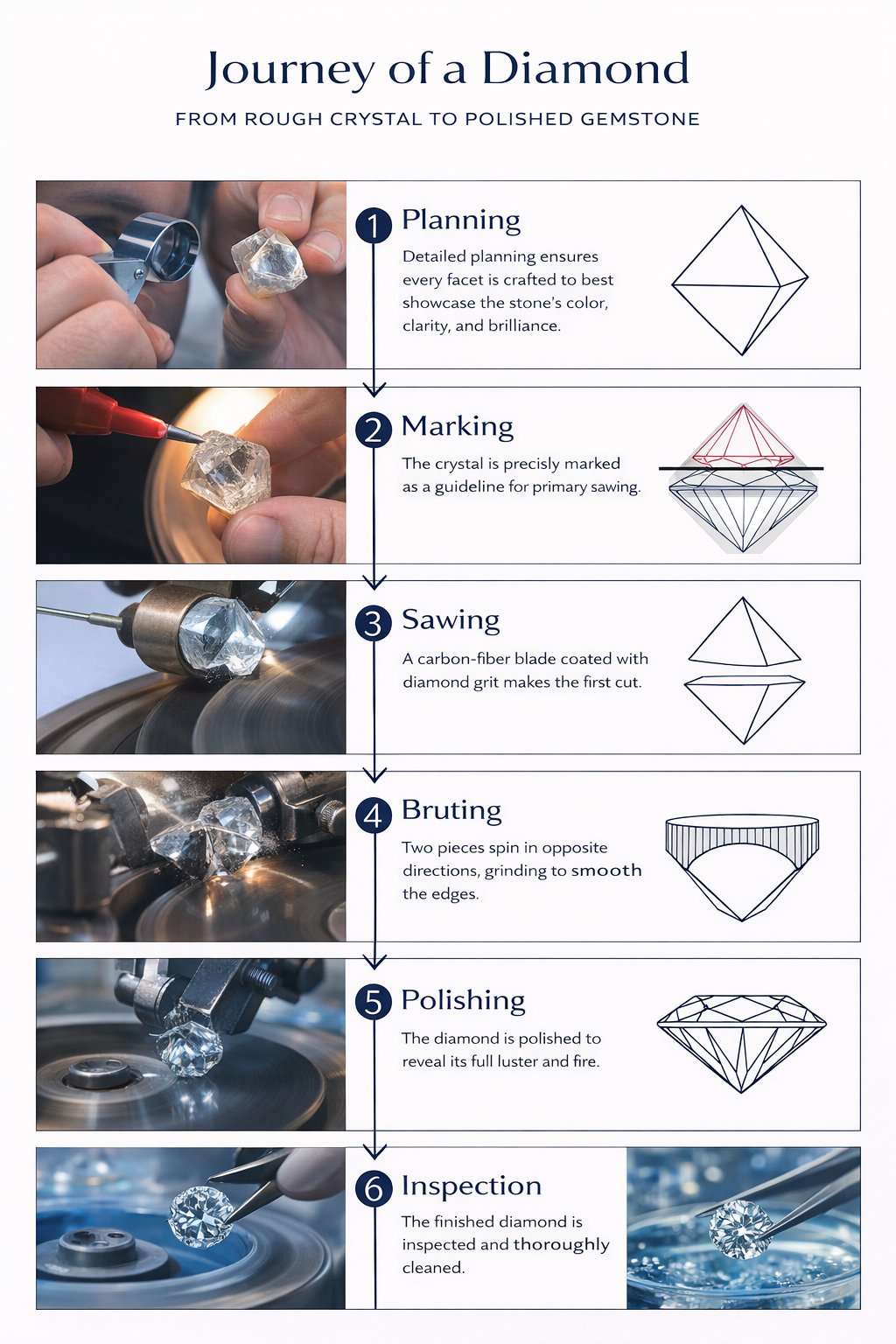 The journey from rough diamond to polished gemstone
